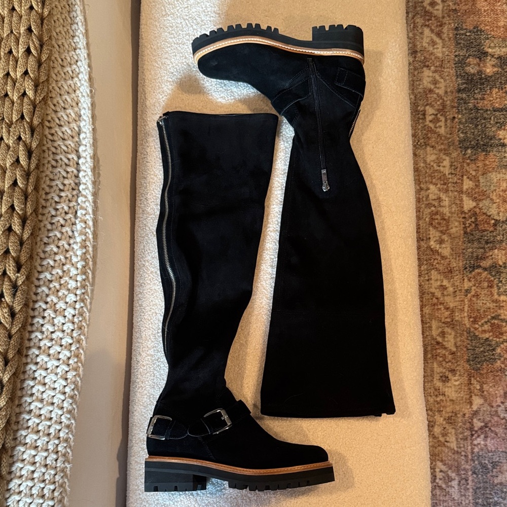 Marc Fisher Black Over-the-Knee Boots with Buckle Detail
